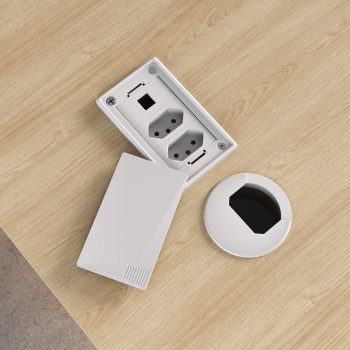 Mesa Tamburato Supreme Carvalho.Branco - (7) Detalhe Tomada e Passa Cabos