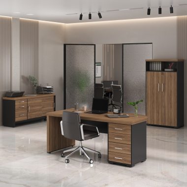 Mesa Tamburato com Gavetas LD + Balcao Tamburato com Gavetas + Armario Tamburato Nogal.Preto - (1) Ambientada